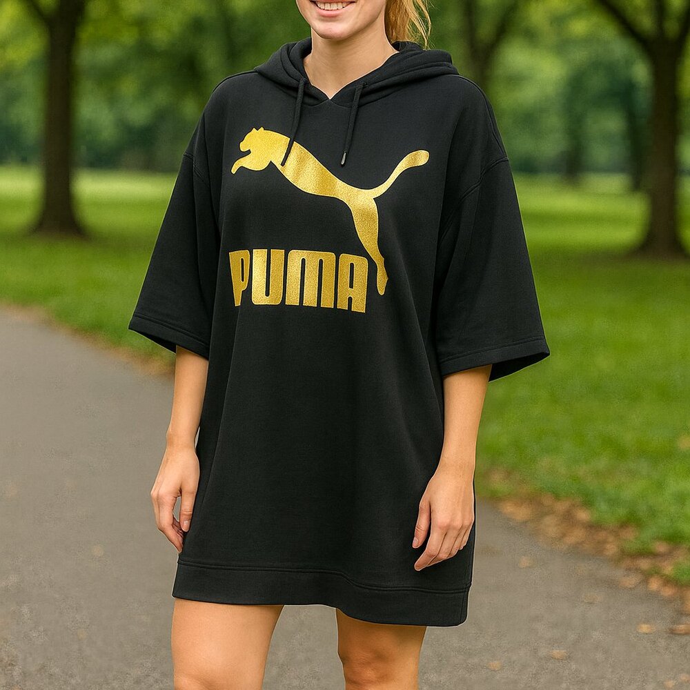 PUMA GLAM OVERSIZED HOODED DRESS XL Black w/ Metallic Gold Logo Sport Casual